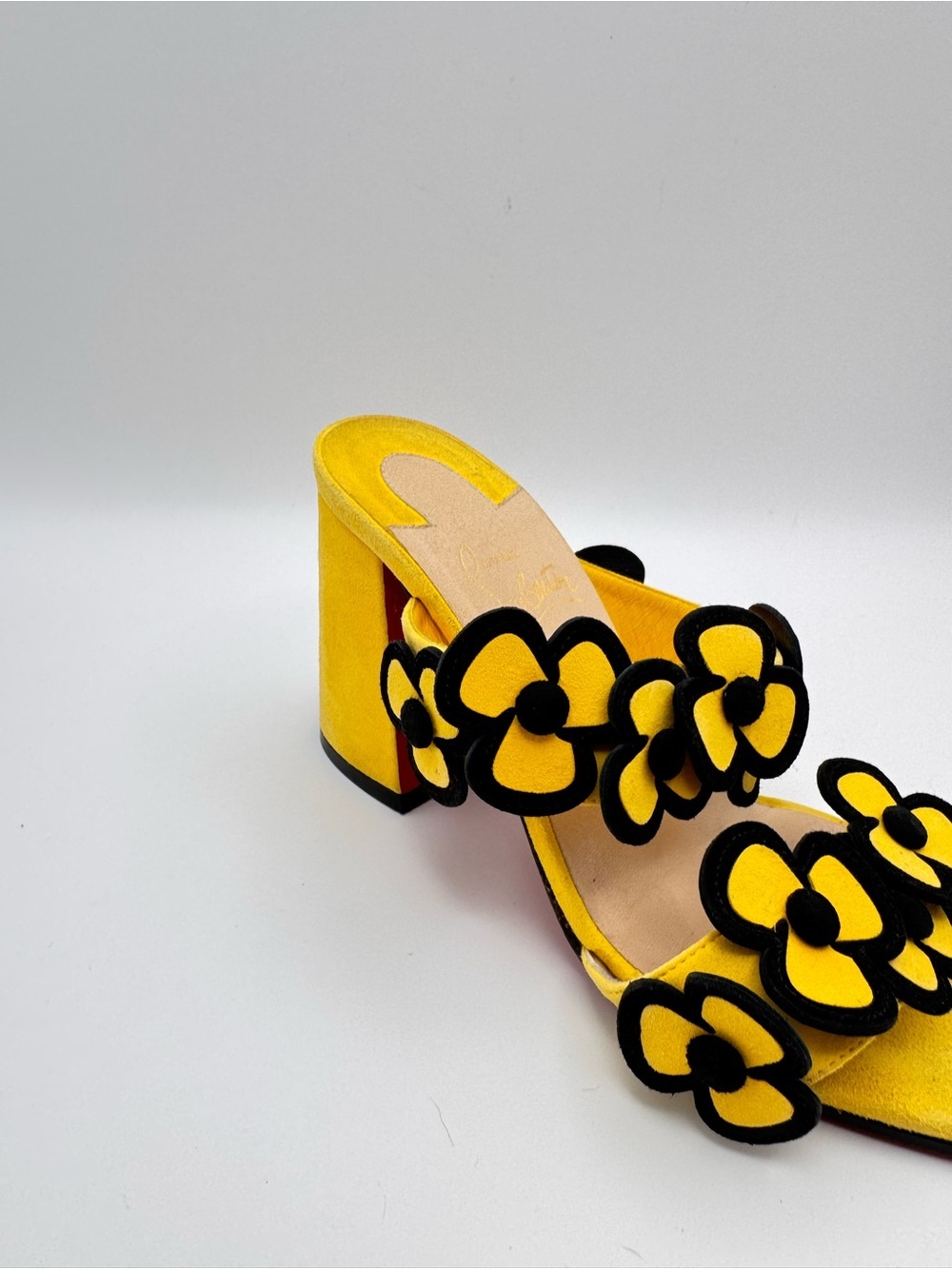 Christian Louboutin Tres Pansy 85 Yellow Suede Floral Mule Sandals EU 36 - Picture 2 of 8